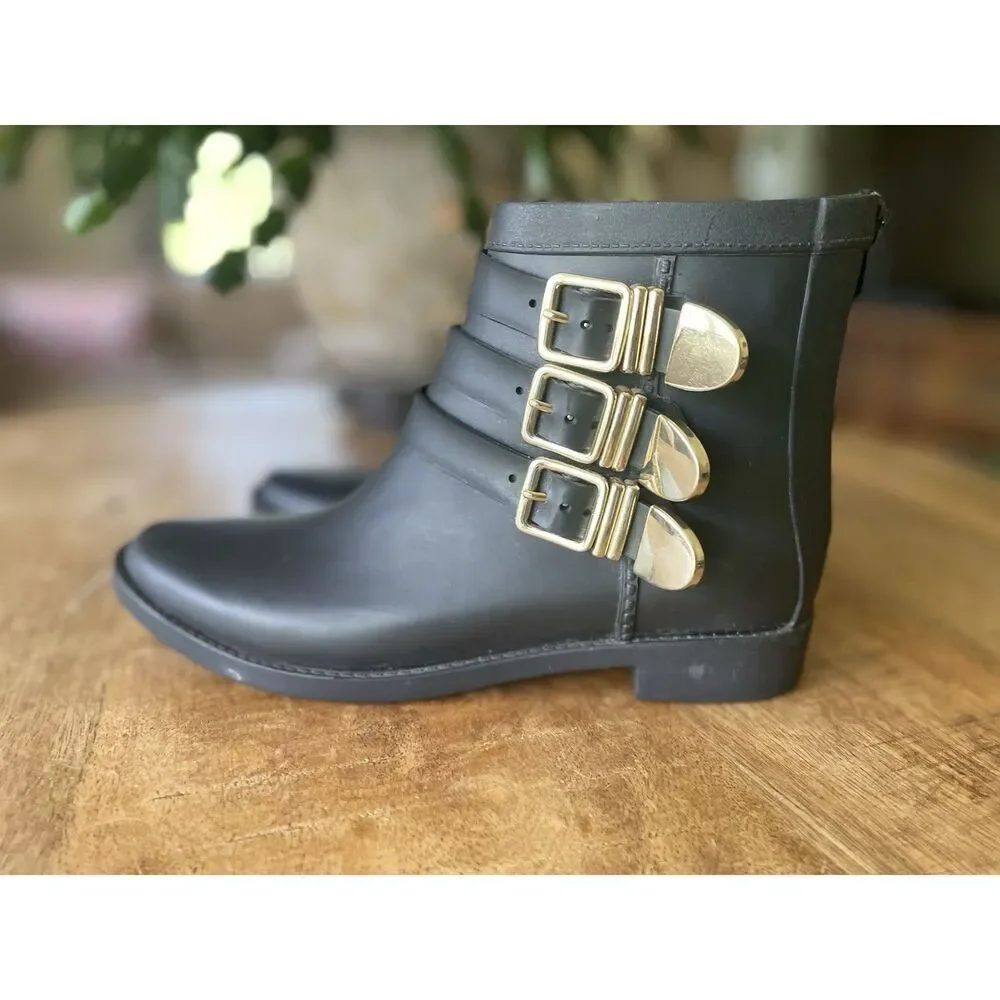 Loeffler Randall Black Rubber Rain Boots Gold Buckle Ankle Size 5